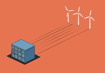 Wind turbines power battery storage unit A clean modern illustration showcases renewable energy and grid connectivity Bright energetic design