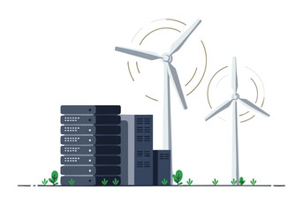 Wind turbines power data center symbolizing sustainable energy and technological advancement Clean modern illustration with a green landscape