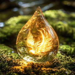 Emblem of Life: An exquisite drop, containing a glowing representation of life, resting on moss, symbolizing vitality and renewal. Evoking themes of fragility, resilience, and inner strength.