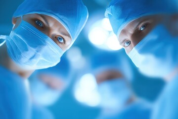 Close-up of two diverse surgeons wearing masks and scrubs during a medical procedure.