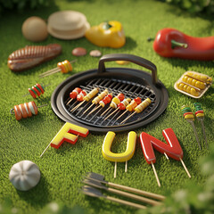 Grilling Fun: A vibrant overhead shot of a summer barbecue, with skewers, peppers, corn, and grilling station artfully arranged on lush green grass, spelled out "FUN".