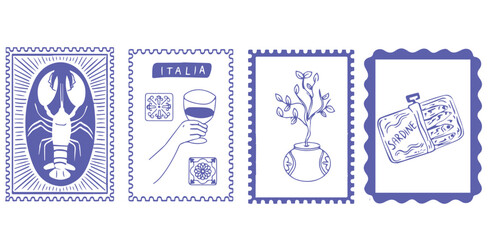 Summer Italy stamp seamless pattern. Italian postcard with lemon lobster boat. Amalfi beach background. Sea vintage print. Italy summer bg. Post stamp 