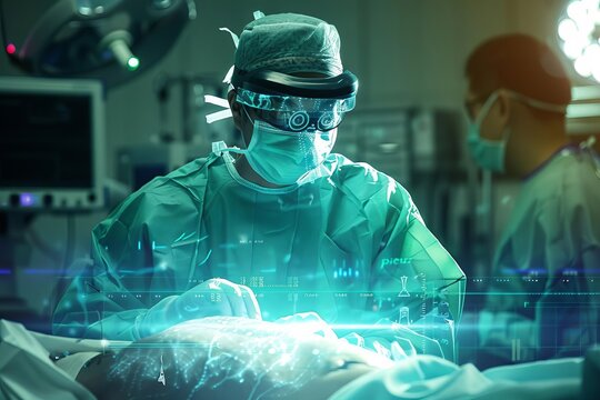 Surgeon with AR headset performing surgery in an operating room. Medical monitor and surgical light are visible in the background.