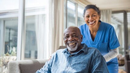 Caring elderly male patient smiling in healthcare facility with positive female caregiver.