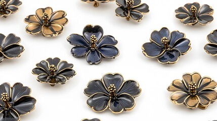Elegant Dark Blue and Gold Enamel Flower Buttons