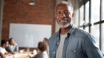 Senior African American Man Smiling Confidently in Classroom with Students and Whiteboard.