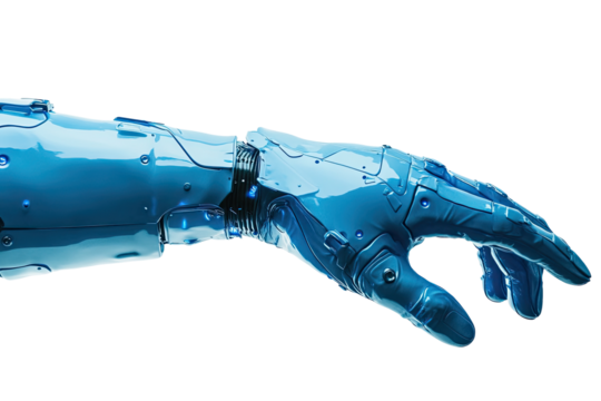Cybernetic arm reaching out, light blue