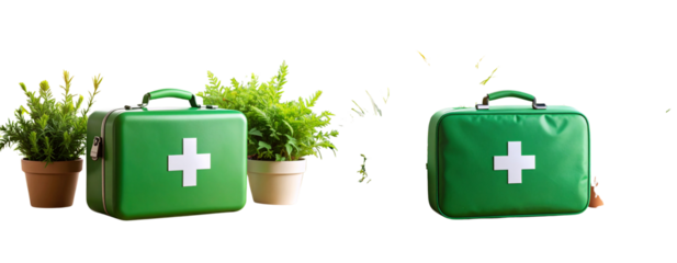 Bright Green First-Aid Kit on Rustic Wooden Table with Sunlit Potted Plants, isolated on transparent background PNG