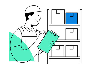 A smiling warehouse worker performs inventory check with clipboard, managing storage boxes on shelves for efficient logistics and organization
