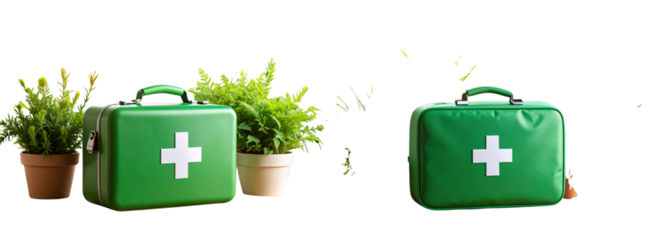 Bright Green First-Aid Kit on Rustic Wooden Table with Sunlit Potted Plants, isolated on transparent background PNG - Powered by Adobe