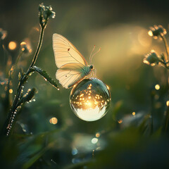 Enchanted Moment: A delicate butterfly, with ethereal wings, rests upon a glistening glass orb, reflecting a sunlit world and surrounded by morning dew, evoking tranquility and natural beauty.