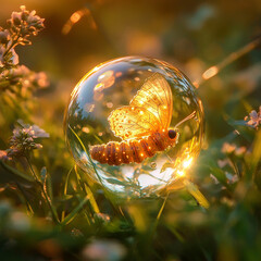 Ephemeral Wonder: A butterfly is trapped in a transparent bubble that floats on the grass