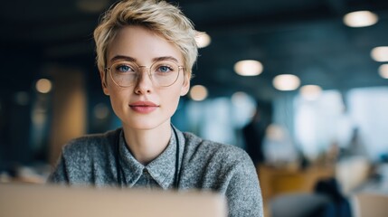 Young woman with short blonde hair glasses and a grey sweater working in a modern, bright office environment with blurred background.