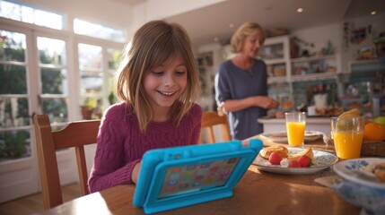Happy young girl using digital tablet at breakfast table with family in kitchen.