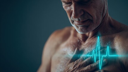 Elderly man with heart monitor graphic showing heart rate on chest close-up.