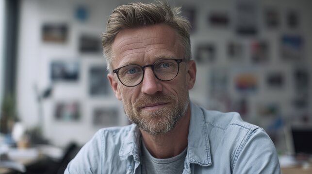 Close Up Portrait of a Mature Man with Glasses and Beard in an Office Environment.