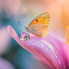 Butterfly on Dewdrop: A delicate butterfly rests gently upon a vibrant flower petal, a single dewdrop shimmering, offering a serene moment of natural beauty and peace.