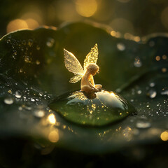 Enchanted Fairy on Dewdrop: A tiny, ethereal fairy sits delicately on a glistening dewdrop, bathed in the soft, golden light. This captivating image evokes a sense of wonder and enchantment. 