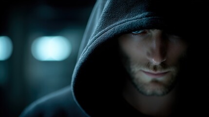 Close-up of a mysterious young man wearing a dark hood in a dimly lit urban setting at night.
