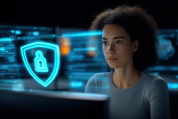 Modern young woman working on computer with digital security shield in futuristic setting.
