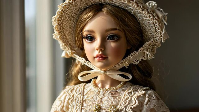 Elegant doll with a lace bonnet and dress in soft lighting