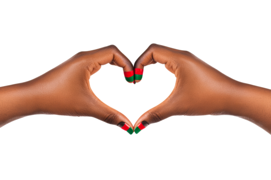 African hands forming heart shape with painted nails, cut out transparent