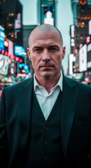 Fototapeta premium Close-up portrait of a bald man in a dark suit and white shirt, standing against a blurred city backdrop, conveying a sense of urban sophistication and professionalism