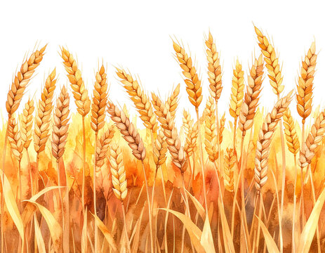 Aquarell-Illustration eines Weizenfelds bei Sonnenuntergang, freigestellt auf transparentem Hintergrund