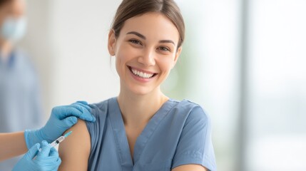 Bright young woman receiving a vaccination in a modern clinical setting with a smile.