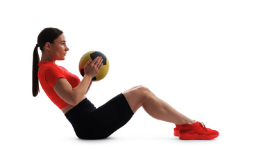 Athletic woman exercising with medicine ball on white background