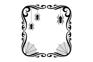 ornate black Halloween border with hanging spiders and cobwebs, corners, decorative swirls on a white background

