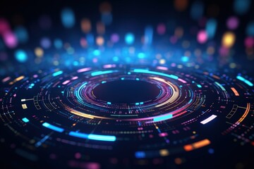 A vibrant digital circular interface with glowing neon data points and lines, representing futuristic technology and high-tech innovation.