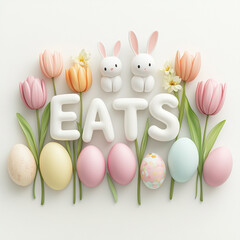 Festive Feast: A vibrant arrangement of Easter eggs, spring blooms, and adorable bunnies spell "EATS," heralding a colorful celebration.