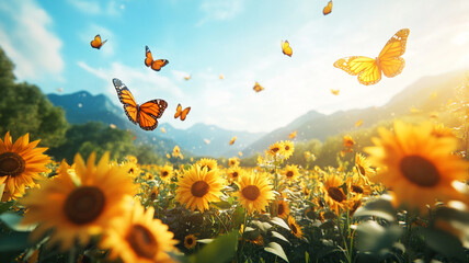 Sunflower and Butterflies in Flight: A field of sunflowers basks in the warm glow of sunshine, as vibrant butterflies dance through the air, creating a scene of pure joy and natural beauty.