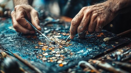 Close-up of hands painting, colorful palette