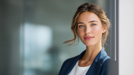 Young professional woman with blonde hair and blue eyes standing by window in modern office.