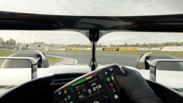 POV shot of a race car doing a full lap on the track overtaking an opponent and crossing the finish line. Looping video. Car point of view. 3d animation rendering. New 2025 black and gold car design