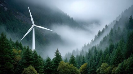 Wind Turbine Standing on Misty Hilltop