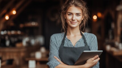 Smiling young woman restaurant worker holding digital tablet indoors during service.