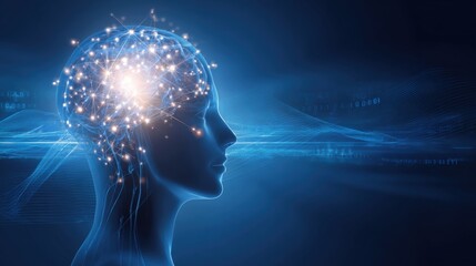Obraz premium Detailed digital illustration of a human head in profile with illuminated neural network and technological background.