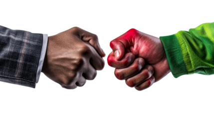 African Man and Caucasian Man bump Fists, with Red Powder, cut out transparent