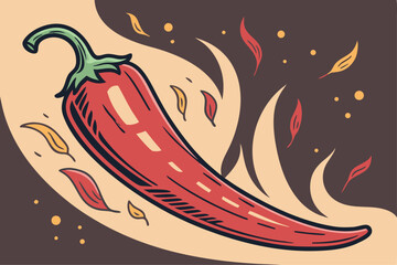 Fiery chili pepper illustration with dynamic flames and bold colors