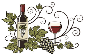 Elegant vector illustration of a wine bottle and glass with grapes