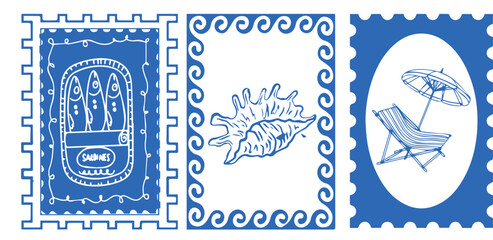 Summer Italy stamp seamless pattern. Italian postcard with lemon lobster boat. Amalfi beach background. Sea vintage print. Italy summer bg. Post stamp 