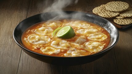Spicy Cheese Dumpling Soup with Lime and Crispy Crackers in Black Bowl