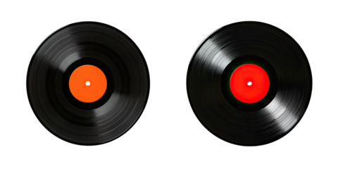 Two black vinyl records with orange and red labels