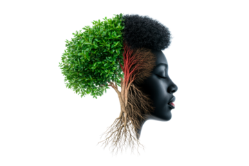 African woman profile with tree and roots, cut out transparent