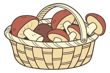 Artistic illustration of a woven basket overflowing with fresh natural mushrooms