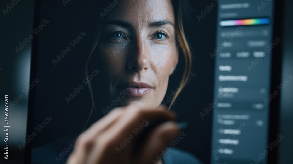 Poster close-up of a woman working with a touchscreen device in a dark environment.