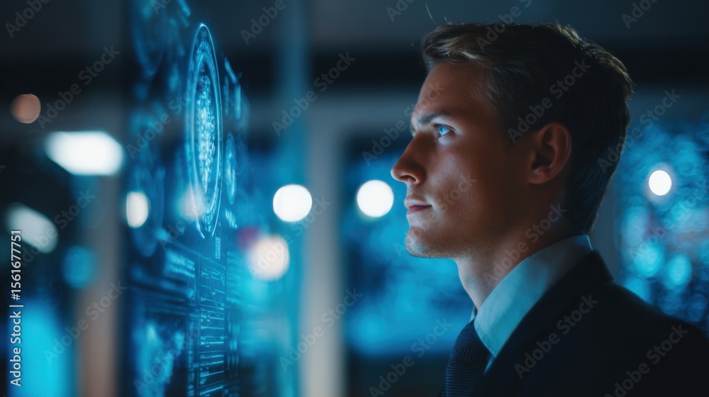 Poster young man analyzing futuristic digital interface with bright technology elements.